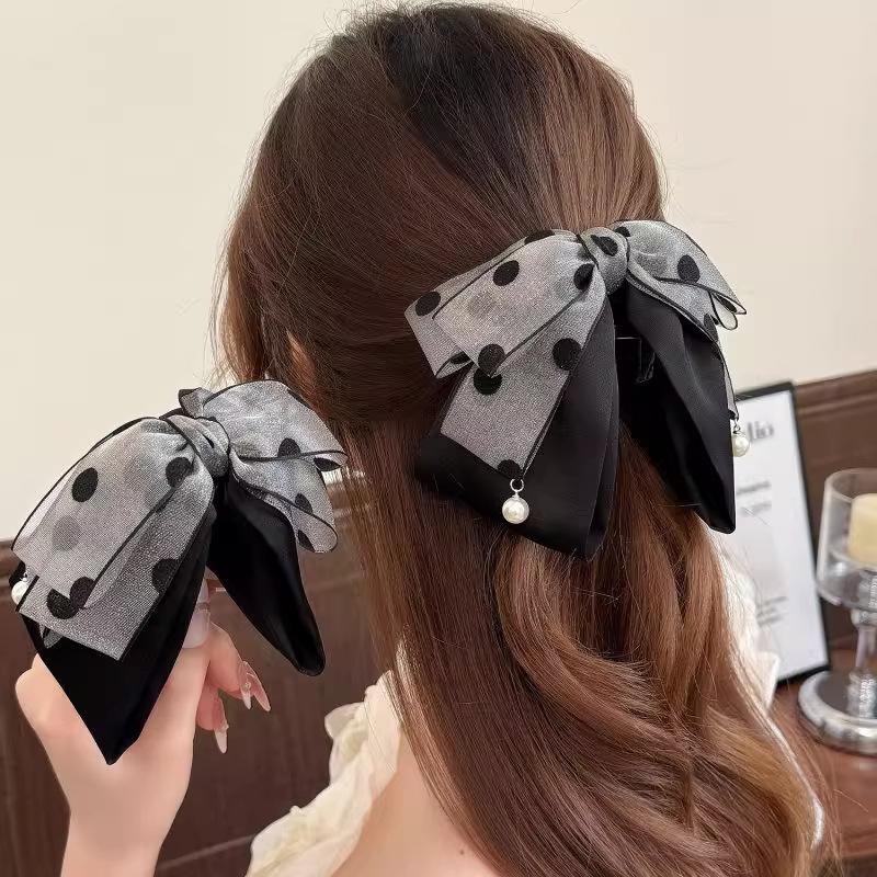 Ribbon Bow Gift - مشبك شعر أنيق رمادي منقط بفيونكة