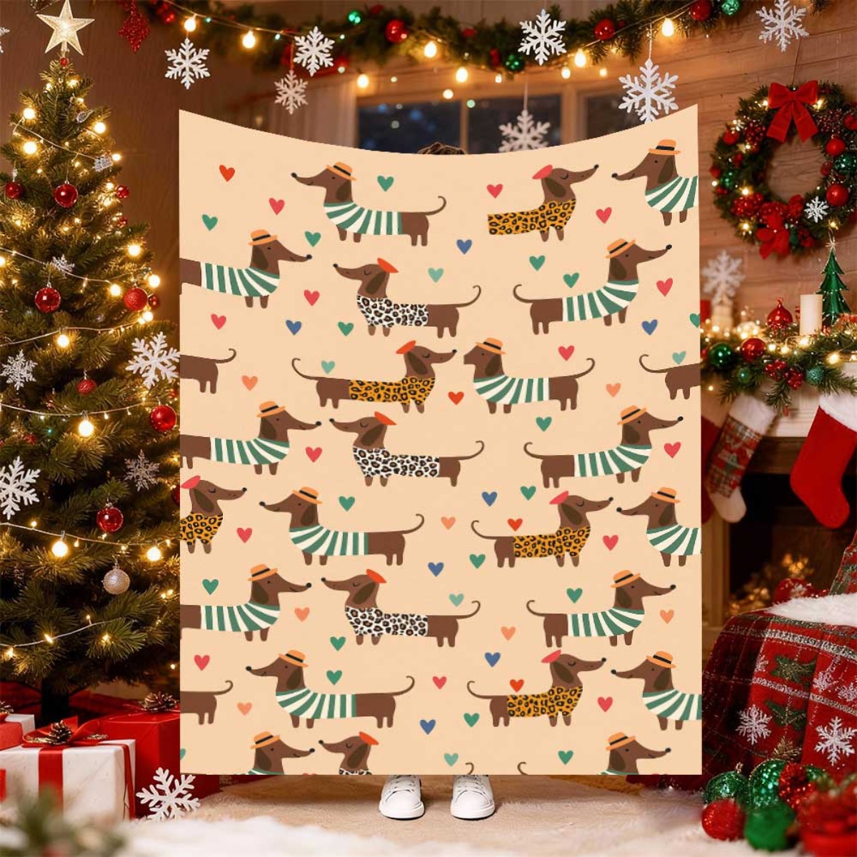 Christmas Throw Blanket - بطانية كلب داشهند لطيفة لعيد الميلاد،